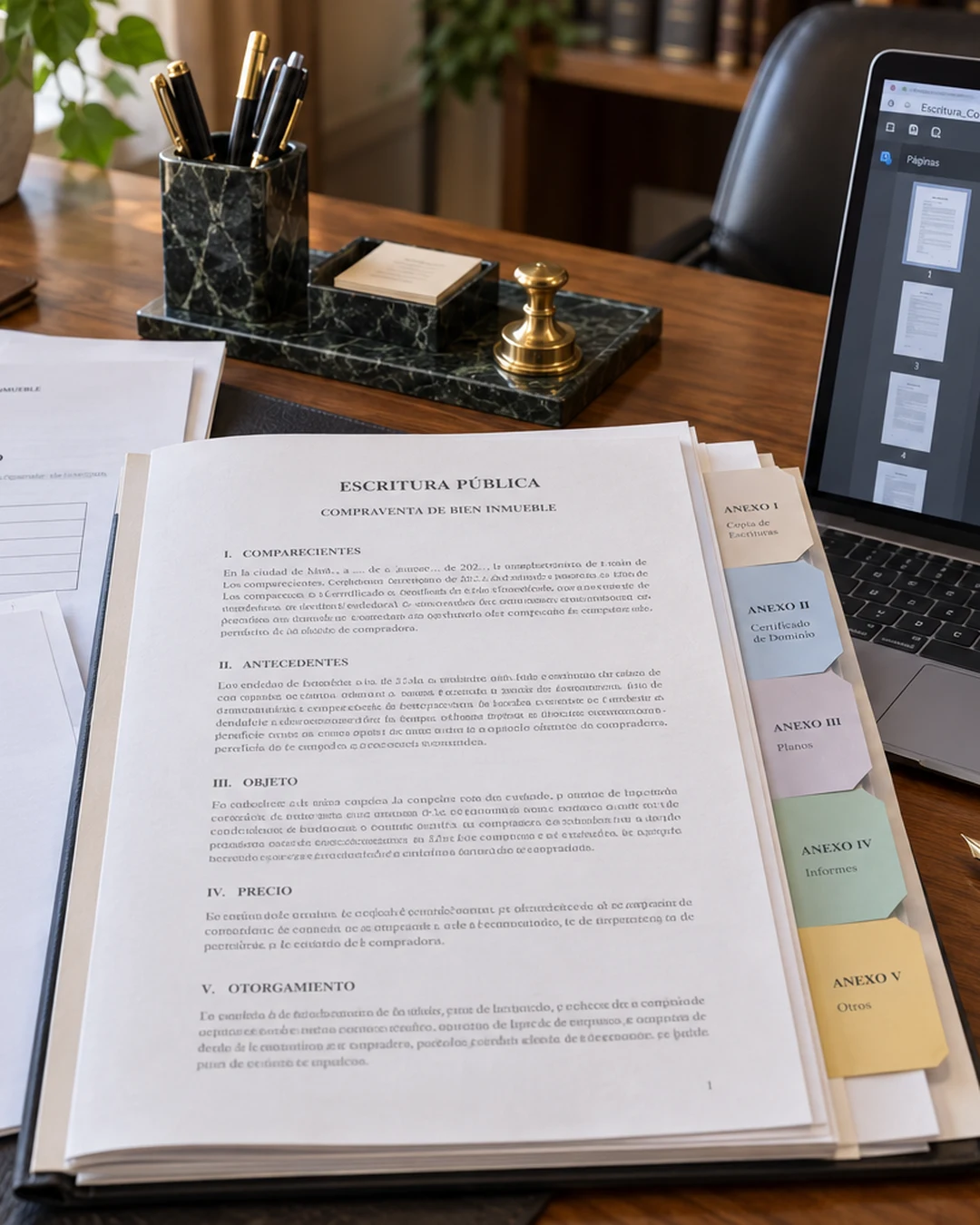 Mesa de despacho profesional con carpetas de expedientes, hojas de anexos numeradas y un ordenador portátil donde se organizan documentos PDF