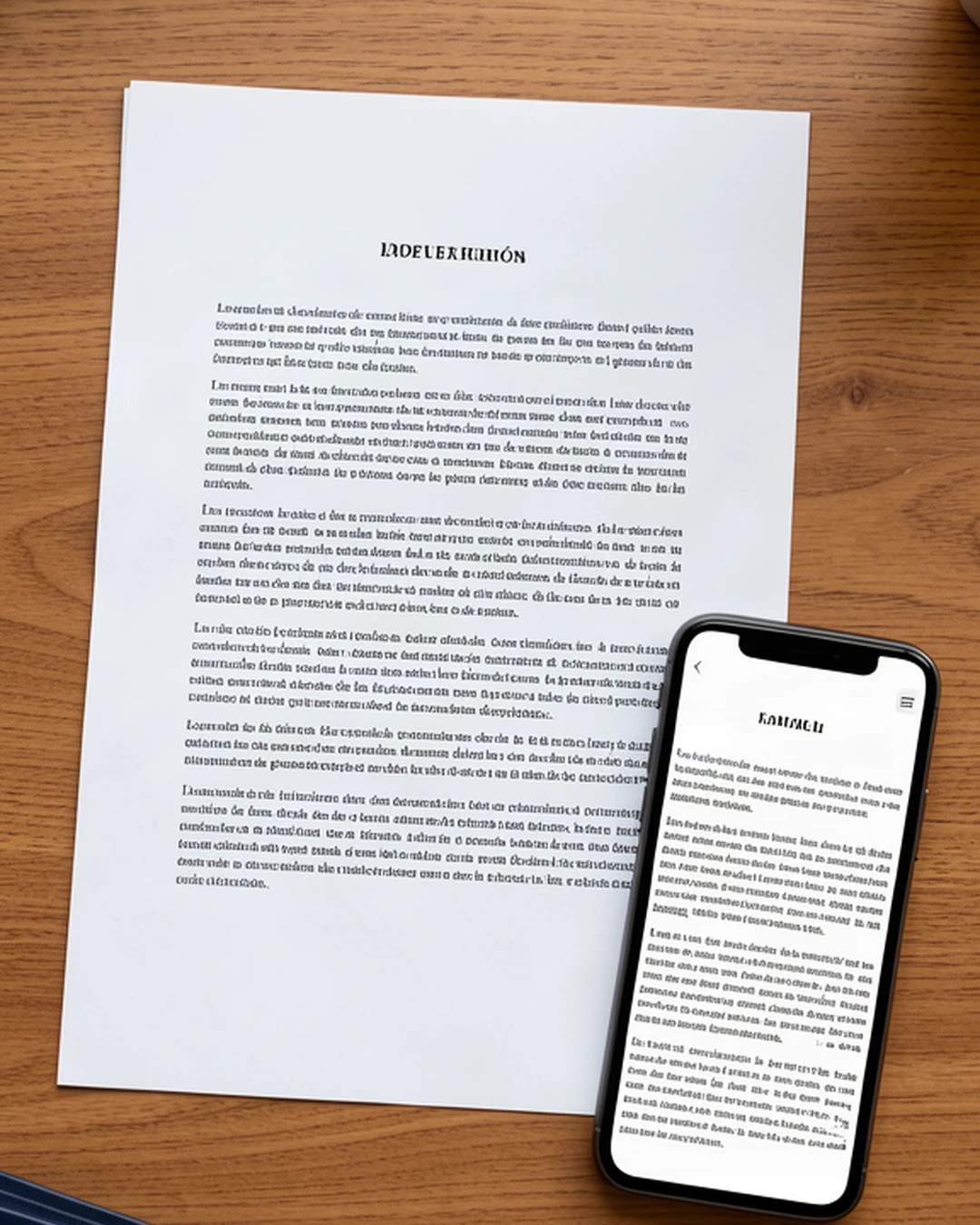 Documento ficticio con encabezado y párrafos sobre una mesa de despacho, junto a un móvil que muestra la misma hoja con contenido; escena ilustrativa.