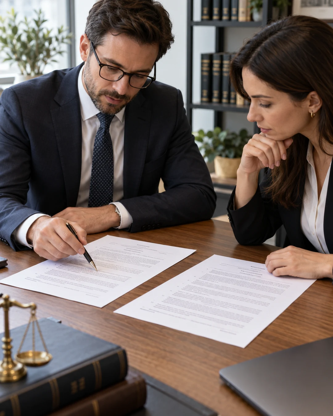 Dos profesionales en un despacho examinando y cotejando documentos impresos sobre una mesa de trabajo