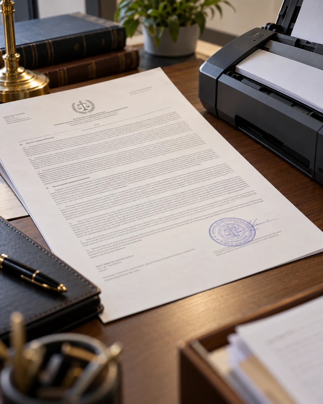 Documento formal con membrete y sello circular de tinta visible sobre mesa de madera de despacho junto a un escaner