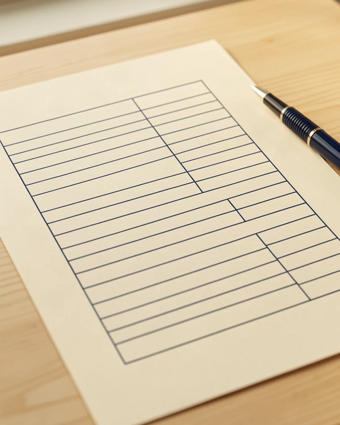 Primer plano de un formulario oficial en papel rellenado a mano con bolígrafo azul, sobre una mesa de despacho, junto a una tableta con el mismo formulario abierto en pantalla.