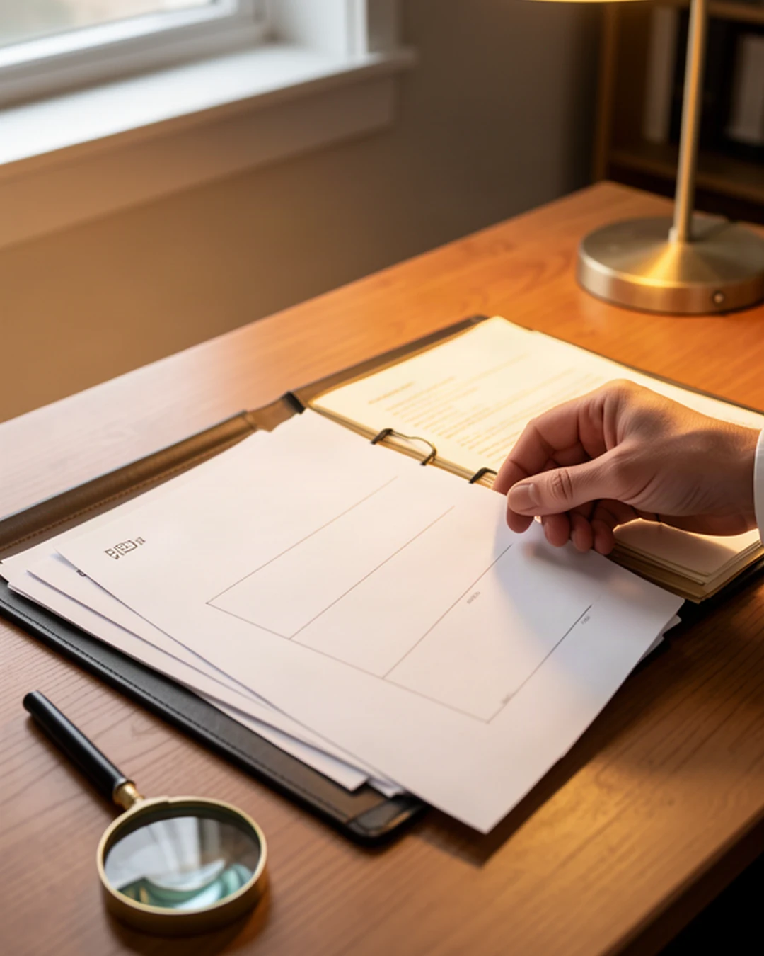 Mesa de despacho con un folio en blanco bajo una lupa, una carpeta de expediente abierta y un ordenador portátil al fondo, con luz de trabajo cuidada.