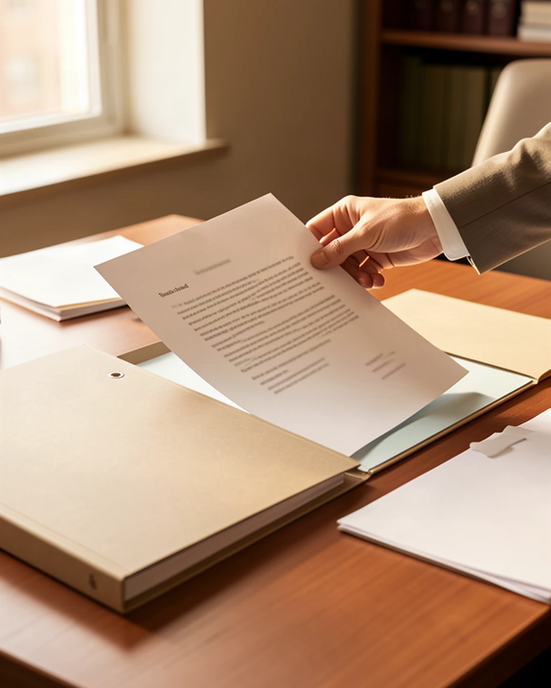 Carpeta de expediente abierta sobre una mesa de despacho con documentos sin texto legible y un portátil al lado, con luz cálida.