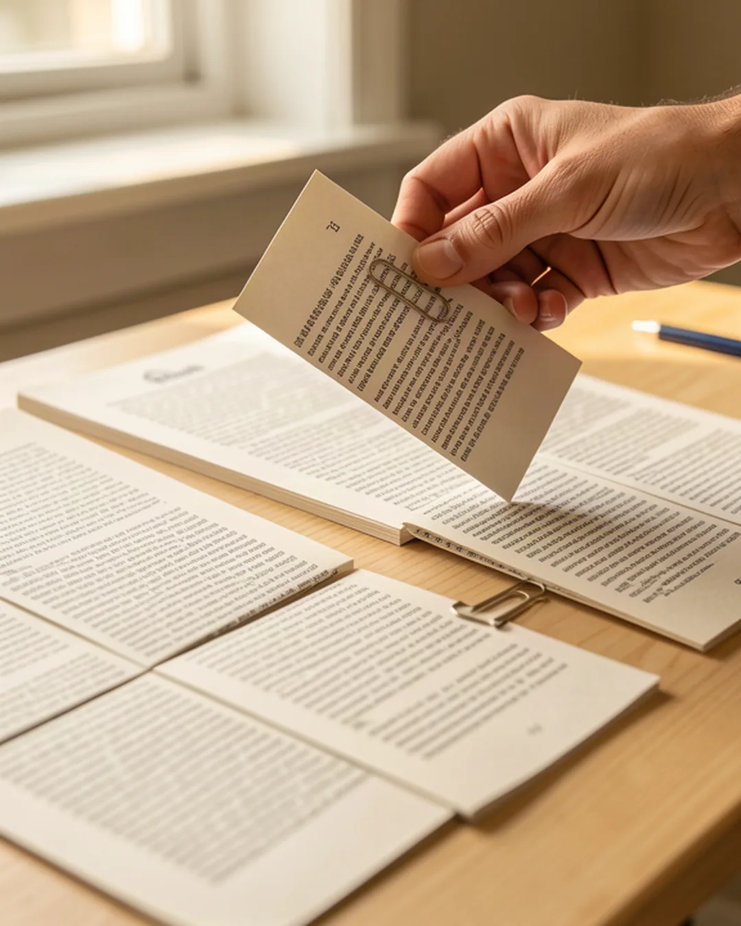Dos manos separando un montón de folios en tres bloques alineados sobre una mesa de despacho, con etiquetas de papel a la izquierda y un portátil cerrado al fondo desenfocado.