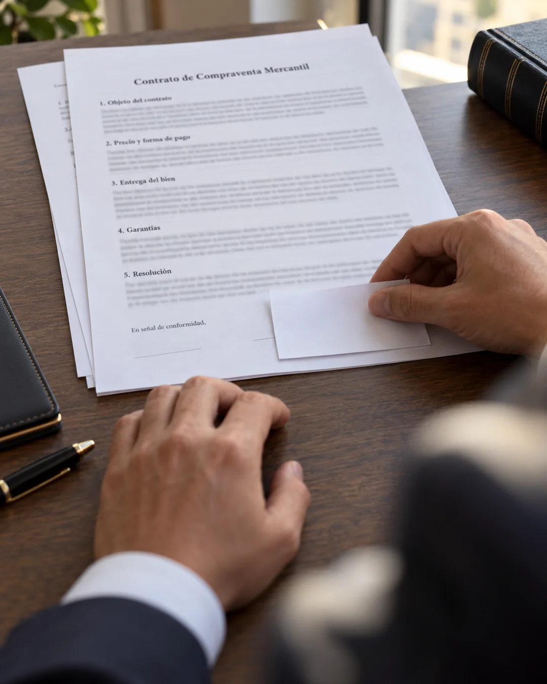 Contrato de compraventa impreso sobre una mesa de despacho: una mano cubre con un papel en blanco la zona de firma mientras se leen el encabezado y los bloques de cláusulas.