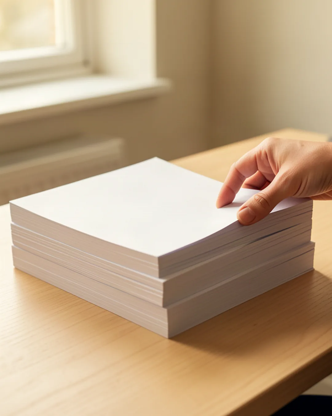 Primer plano de una pila de folios de distinto tamaño sobre una mesa de despacho, alineados a la izquierda, con un escáner apagado al fondo desenfocado.